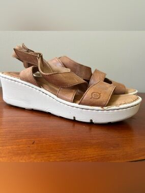 Born Brown Leather Wedge Sandals with White Platform